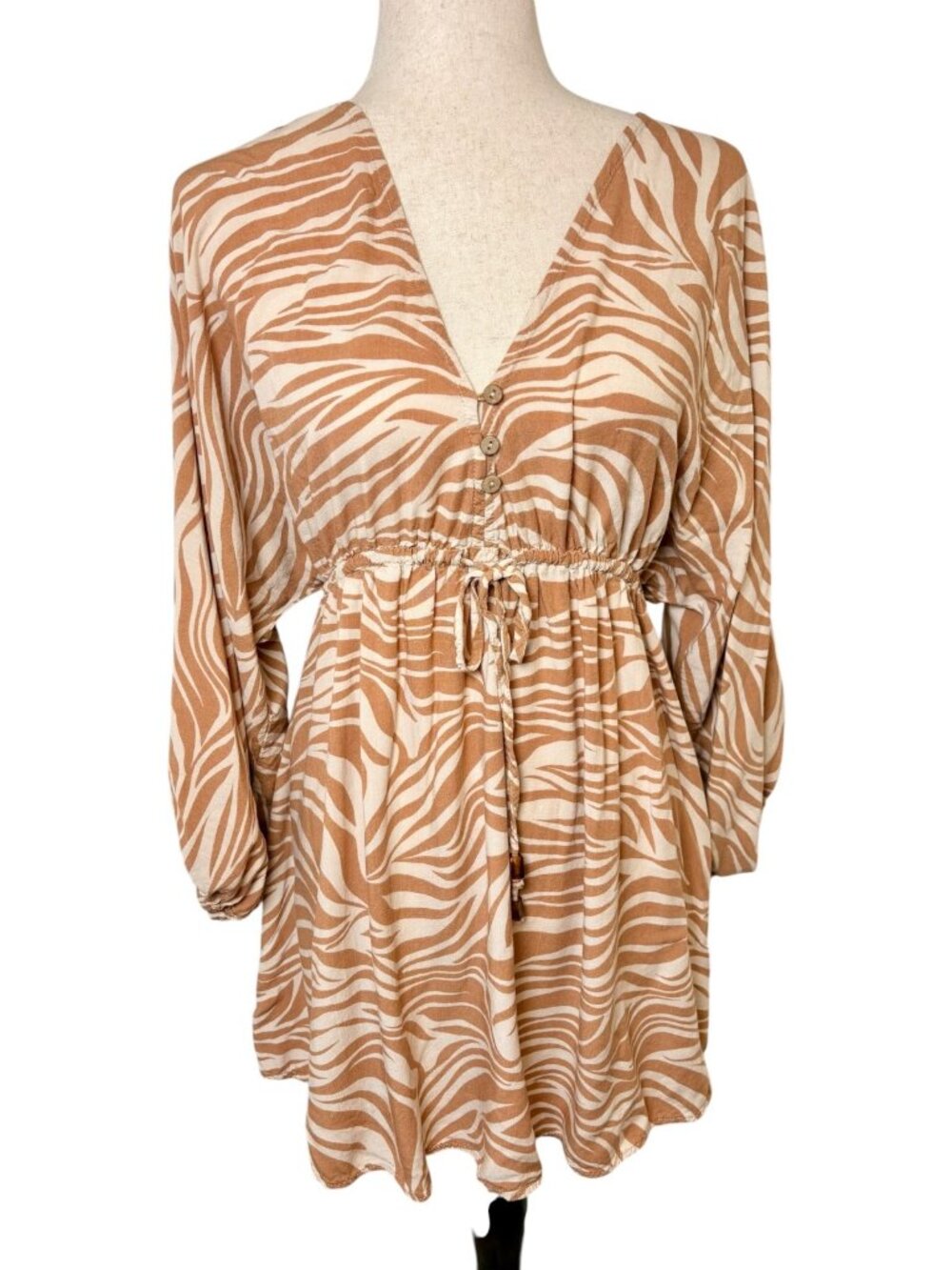 Petal & Pup Brown Cream Zebra Print Drawstring Waist Mini Dress Size 2